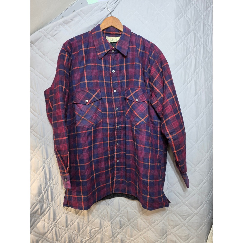 Open Trails Mens XL Quilted Flannel Shirt Jacket Purple Red Plaid Pockets Heavy